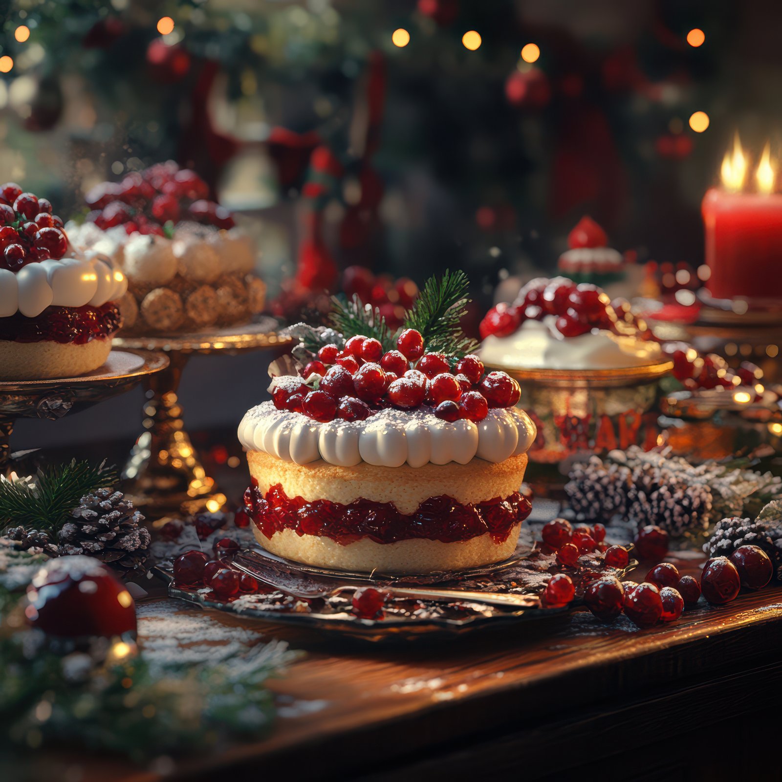 A festive cranberry cake sits on a table with other desserts, surrounded by Christmas decorations and warm candlelight